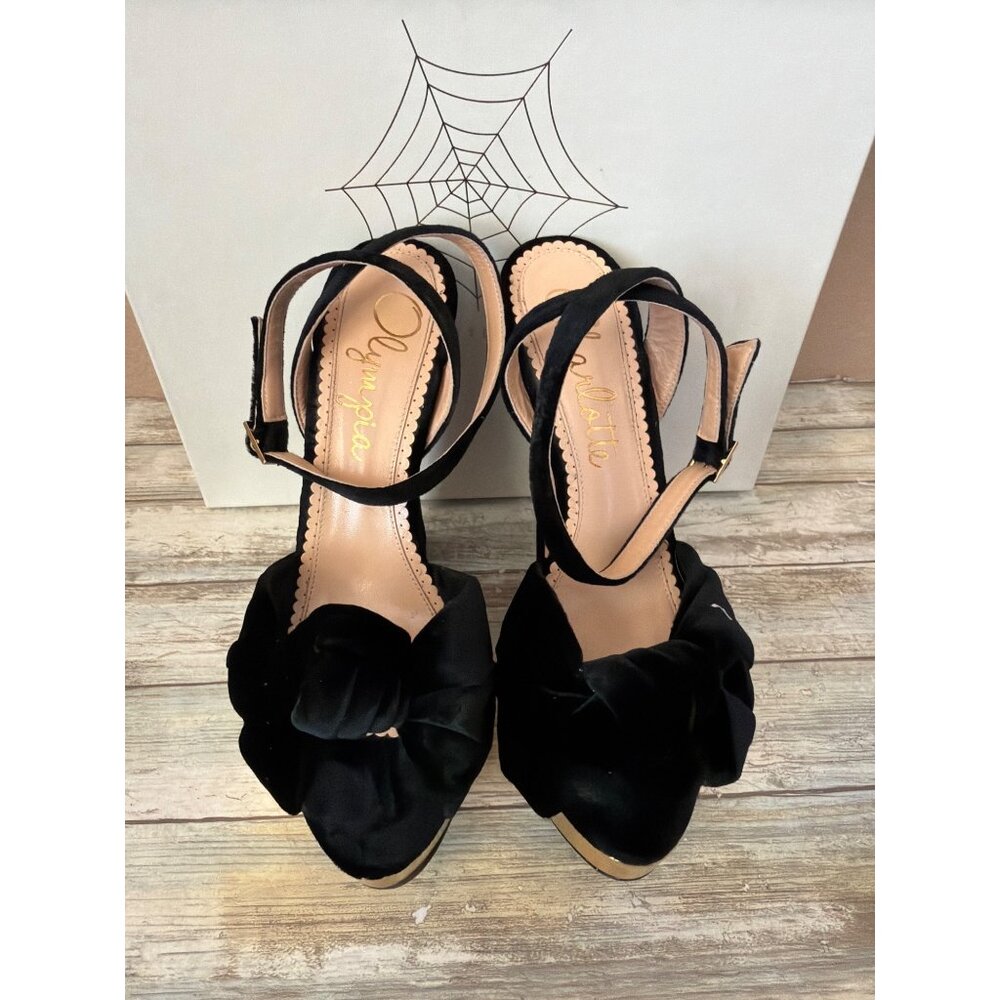 Charlotte Olympia Vreeland Black Velvet & Gold Platform Wedge Heel EU 39.5 w/Box - Picture 4 of 14